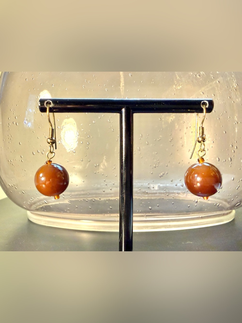 Vintage Round Dark Amber Colored Bead Gold Tone Dangle Earrings